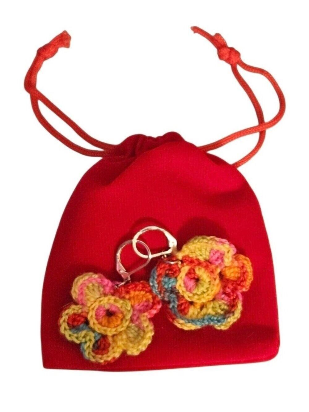 Hand Crafted Multi Color Crochet Flower Earrings Festival Wear Rainbow Jewelry - Picture 10 of 16